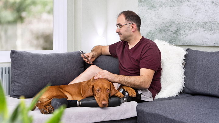 Mann mit Hund sitzt auf dem Sofa und schaut auf sein Telefon.