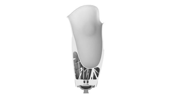 Przekrój leja protezowego MyFit TT wydrukowanego na drukarce 3D, na którym widać struktury imitujące beleczkową budowę kości.